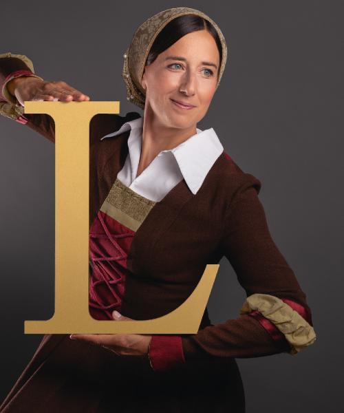 grauer Hintergrund, Frau im mittelalterlichen Kostüm, Schriftzug "Buchstäblich Luther"